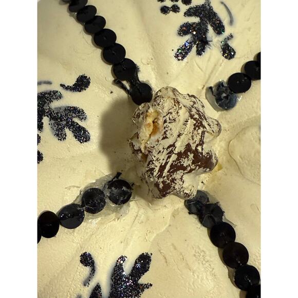 Styrofoam Decorated Pumpkin Neutral Fall Decor w/ Navy Leaf Design - Picture 8 of 8